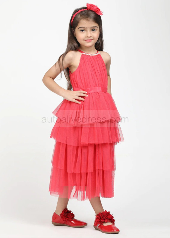 Coral Tulle Tea Length Layered Flower Girl Dress